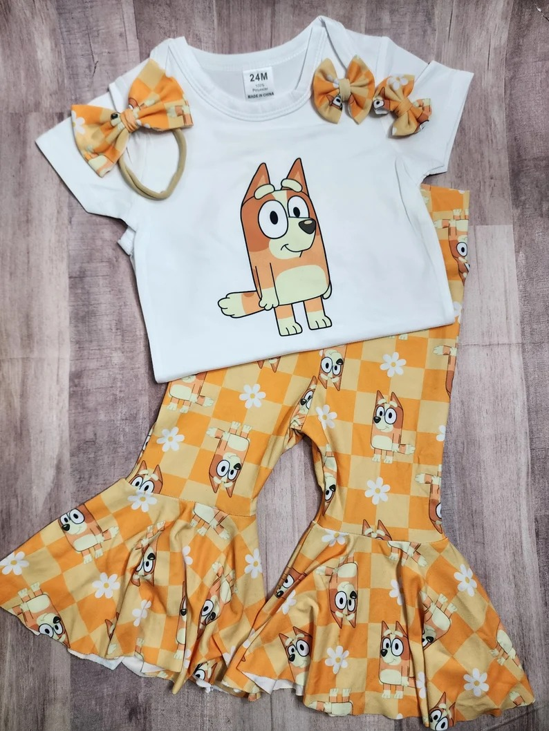 GSPO0860 girls yellow cartoon dog checkerboard pants clothes set