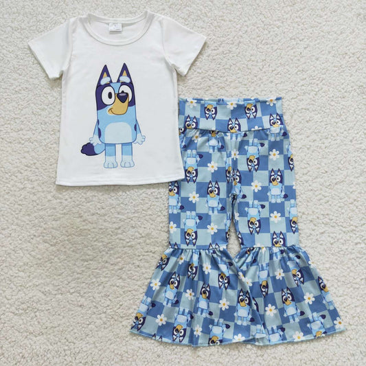 GSPO0861 girls blue cartoon dog checkerboard pants clothes set