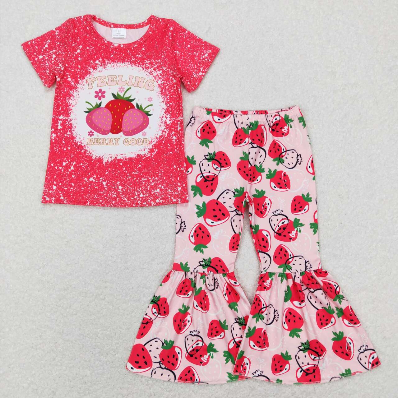 Sibling Baby Girls Strawberry Flowers Top Bell Bottom Pants Clothes Sets Rompers
