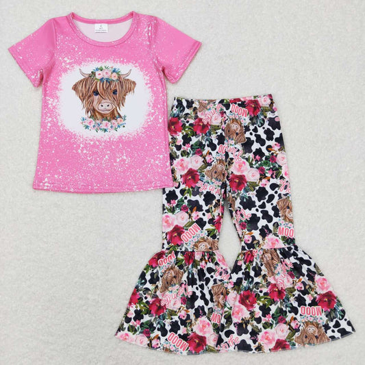 GSPO1024 baby girl clothes cow flowers girl bell bottom outfit