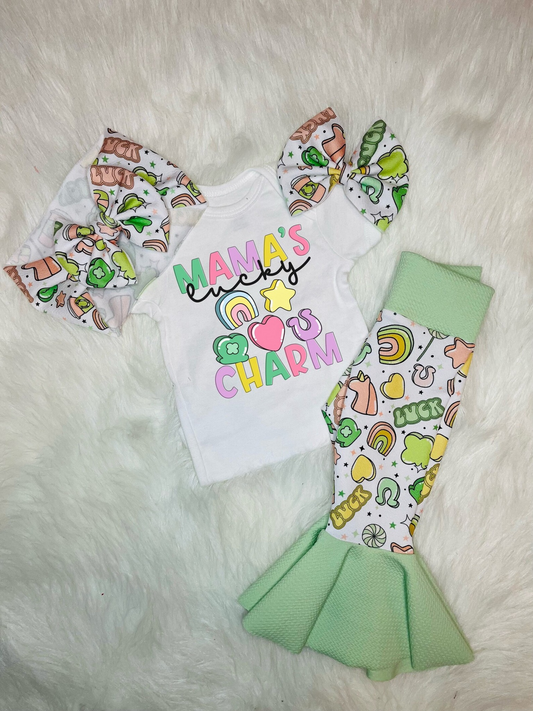 pre-order GSPO1047 baby girl clothes girl MAMA'S CHARM LUCK GREEN bell bottom set