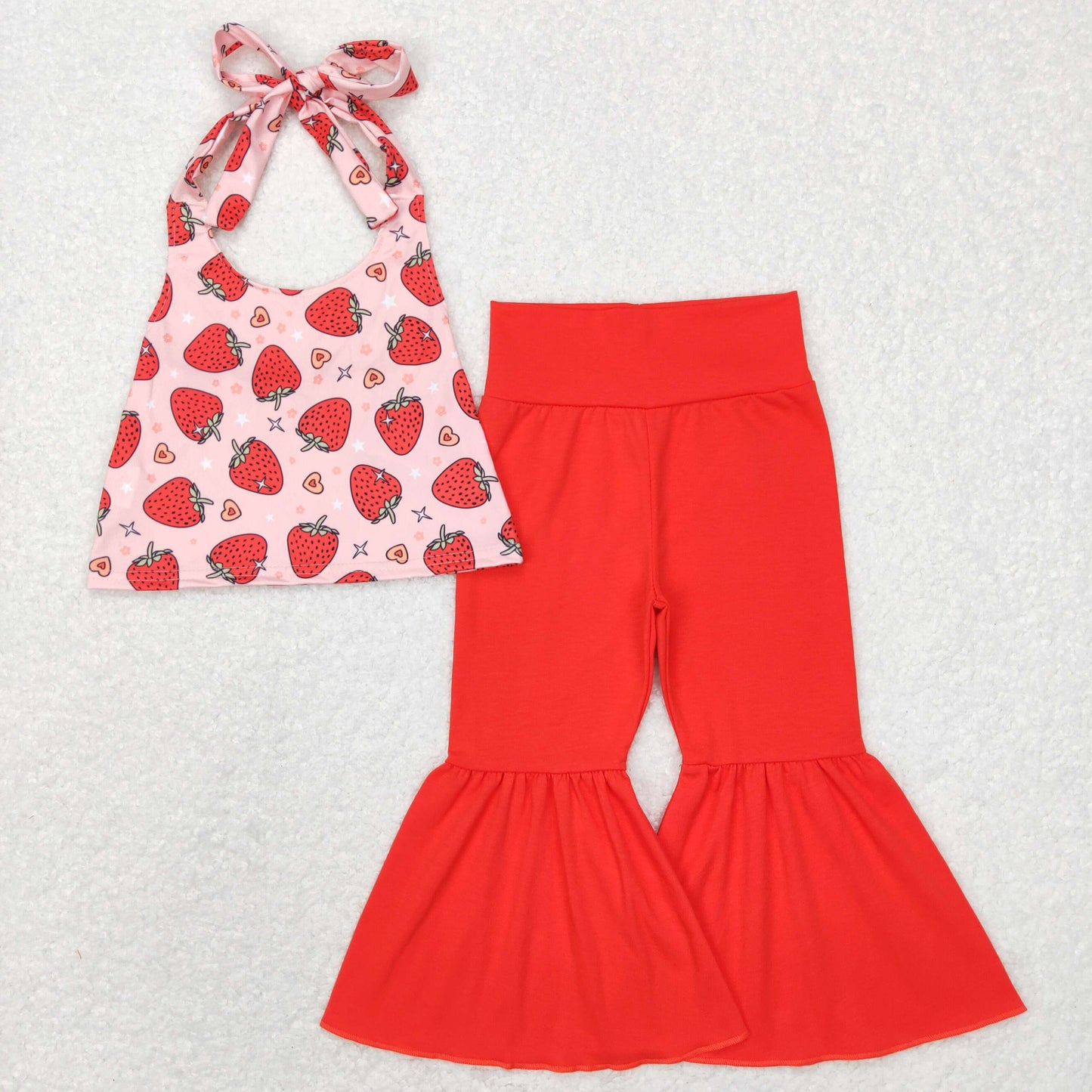 Sibling Baby Girls Strawberry Flowers Top Bell Bottom Pants Clothes Sets Rompers