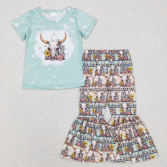 GSPO1090 baby girl clothes cow head flowers girl bell bottom outfit