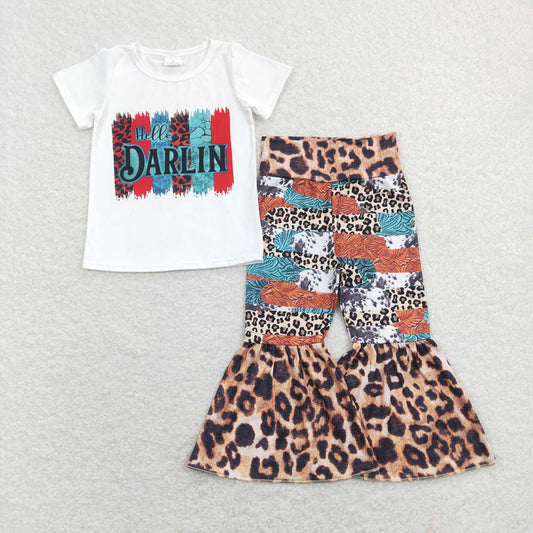 GSPO1160 baby girl clothes hello darling leopard print bell bottom outfit