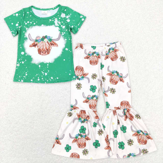 GSPO1180 baby girl clothes cow green girl St. Patrick's Day bell bottom outfit