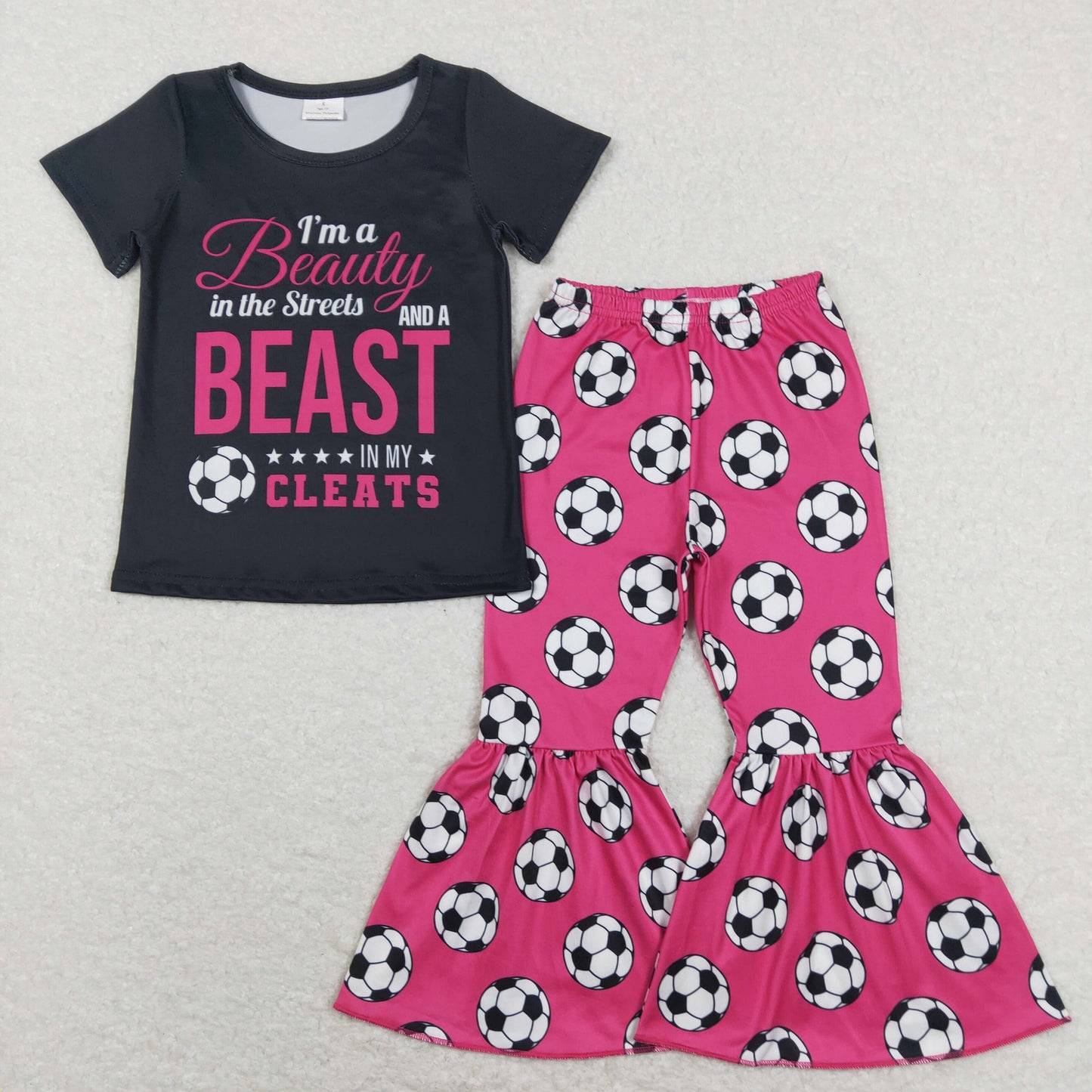 Sibling Baby Girls Short Sleeve Baseballs Footballs Top Bell Bottom Pants Team Clothes Sets