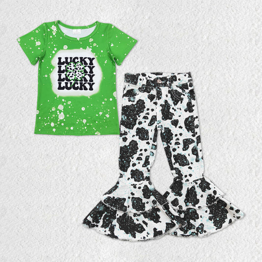 GSPO1295 baby girl clothes cow pattern lucky gir St. Patrick denim flared pants outfits