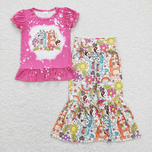 GSPO1375 baby girl clothes cartoon dog flowers bell bottoms outfits