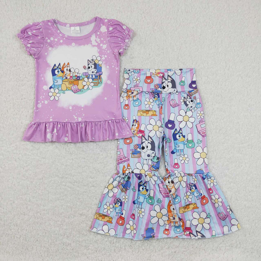 GSPO1376 baby girl clothes cartoon lavender dog flowers bell bottoms outfits