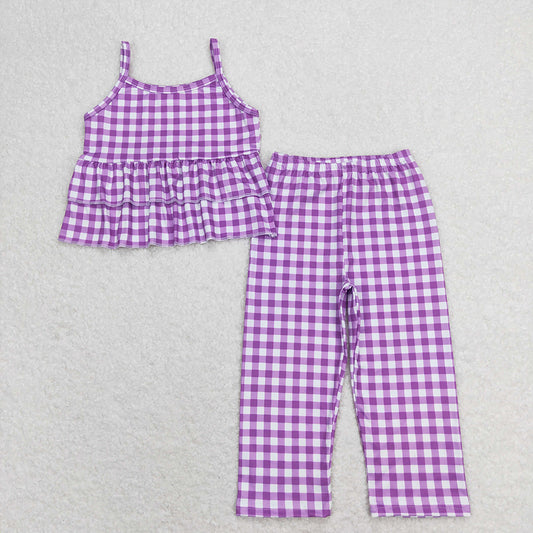 GSPO1379 baby girl clothes purple plaid girls spring summer outfit