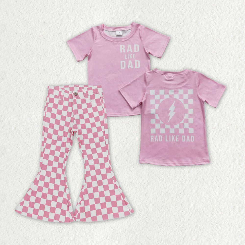Sibling Baby Girls Rad Like Dad Back Print Top Checked Bell Bottom Denim Pants Clothes Sets