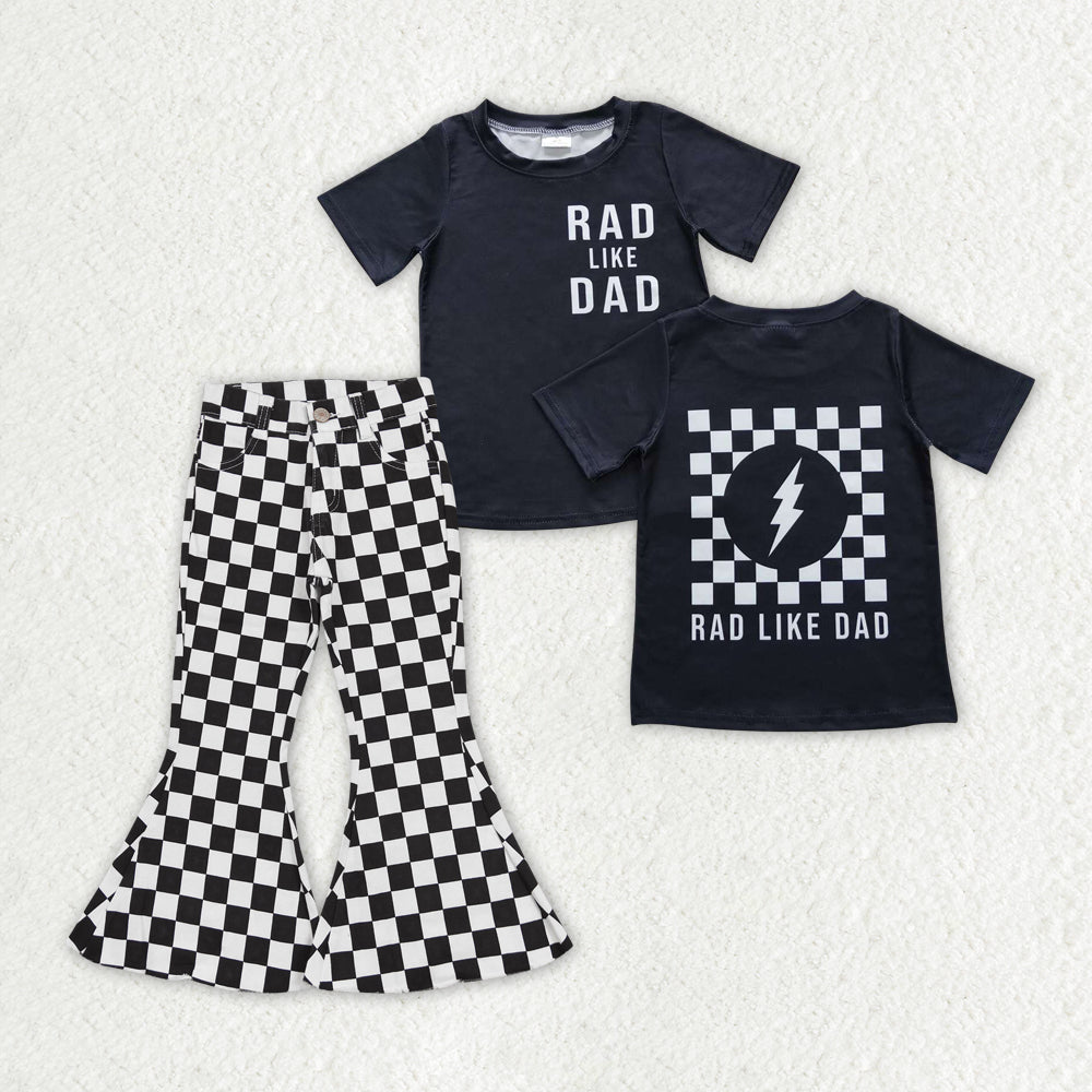 Sibling Baby Girls Rad Like Dad Back Print Top Checked Bell Bottom Denim Pants Clothes Sets