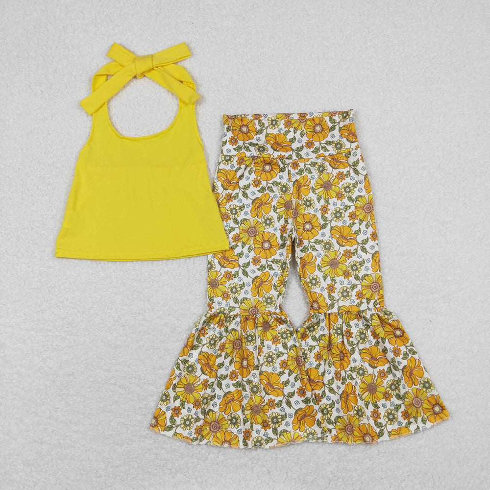 GSPO1430 baby girls mustard halter top sunflowers bell bottoms outfits