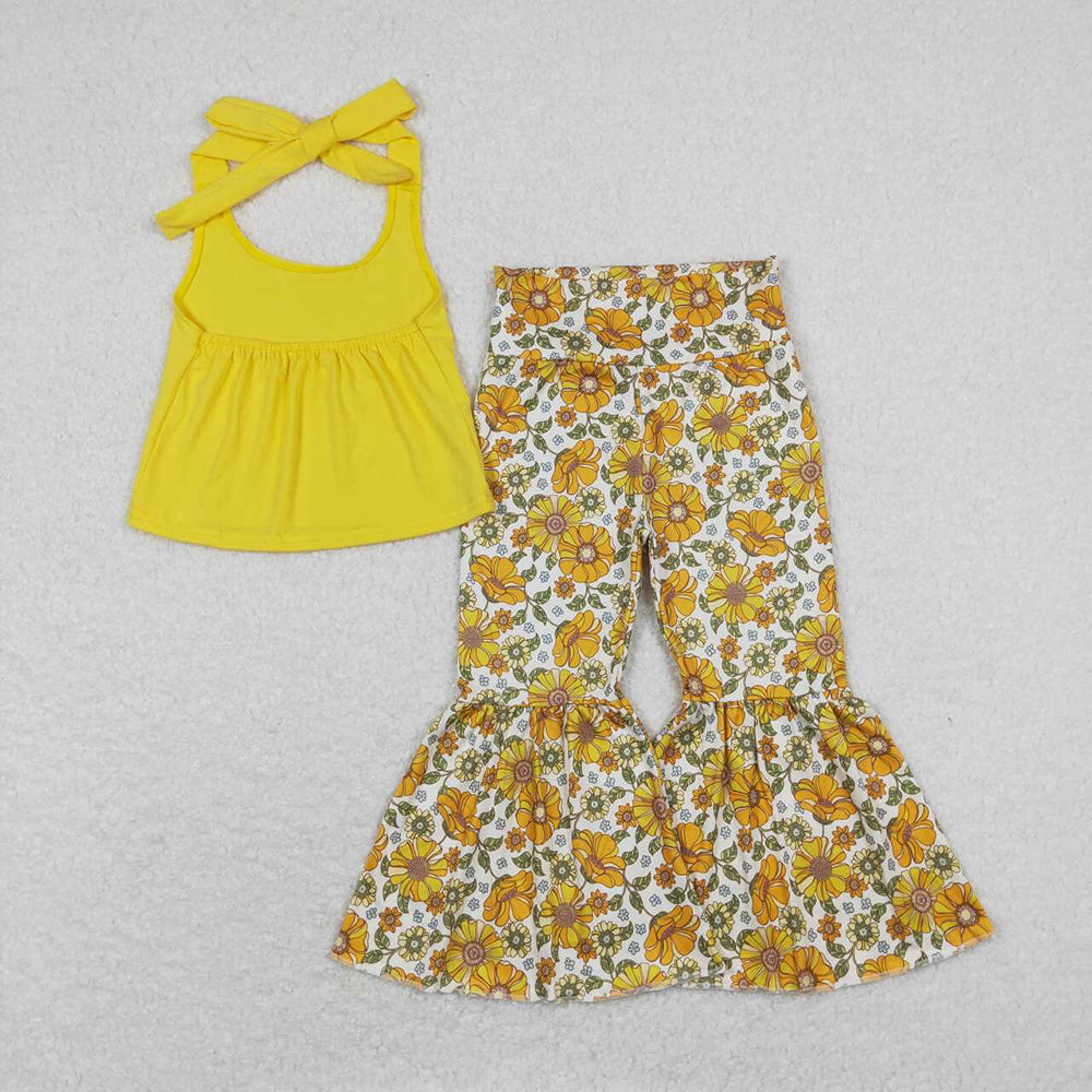 GSPO1430 baby girls mustard halter top sunflowers bell bottoms outfits