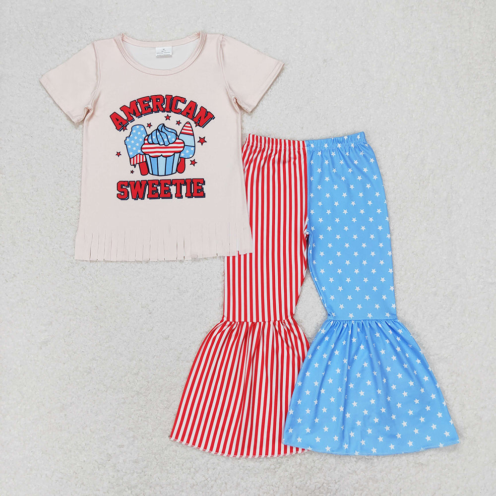 4th of July American Sweetie T-shirt Blue Star bell bottom pants set GSPO1485