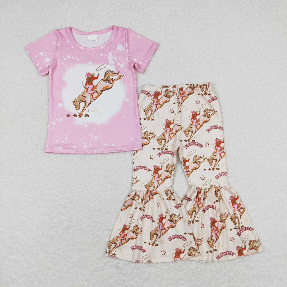 GSPO1487 baby clothes western girls pink rodeo horse bell bottoms pants outfits