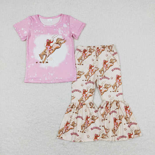 GSPO1487 baby clothes western girls pink rodeo horse bell bottoms pants outfits