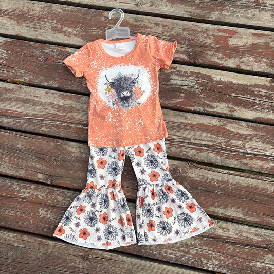 GSPO1525 baby clothes western girls highland cow flowers bell bottoms pants outfits