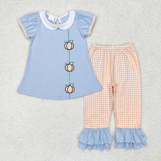 GSpo1534 Baby girls pumpkins blue embroidery tunic ruffle pants outfits sets
