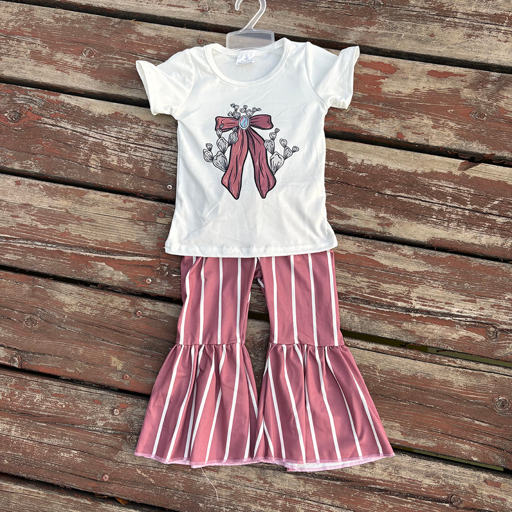 GSPO1704 baby clothes western girls bow stripes bell bottoms pants outfits
