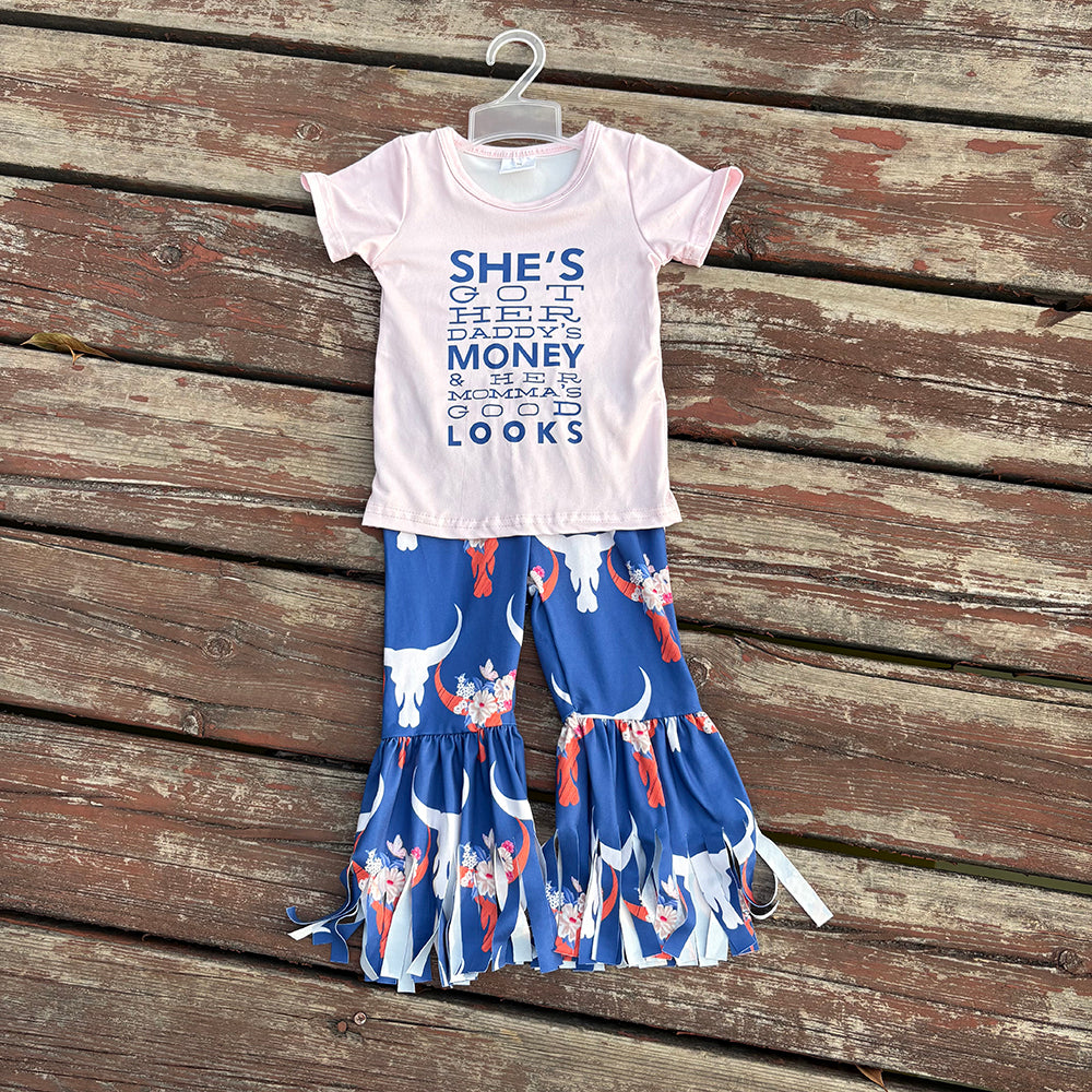 GSPO1720 baby clothes western girls cow skull bell bottoms pants outfits