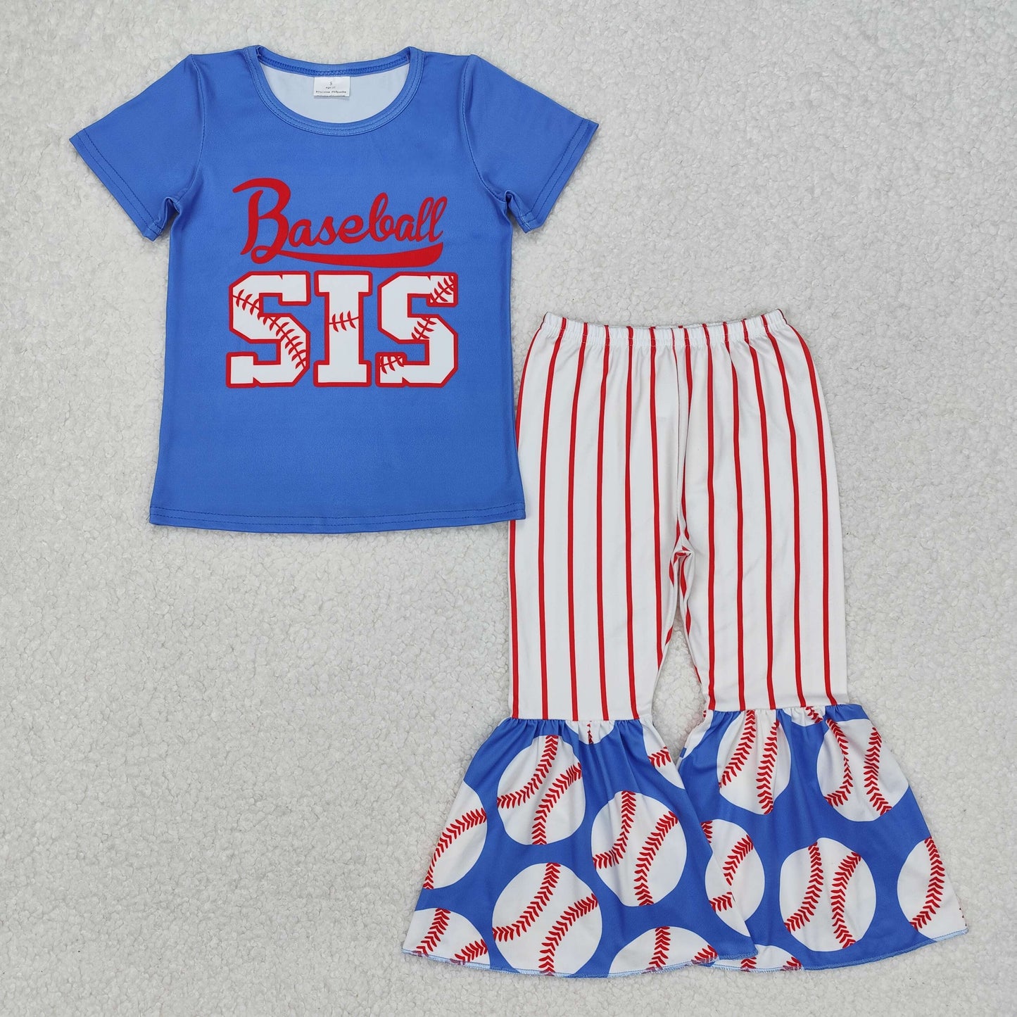 Sibling Baby Girls Short Sleeve Baseballs Footballs Top Bell Bottom Pants Team Clothes Sets
