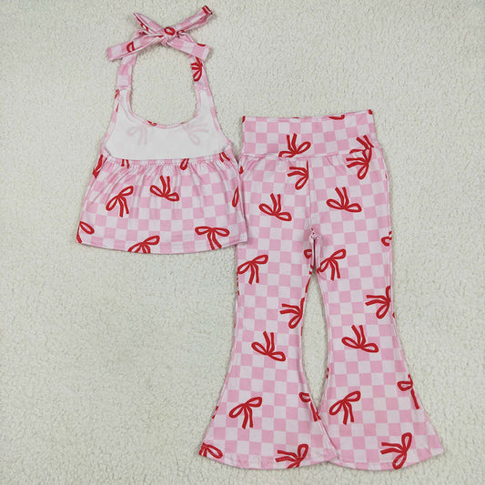 GSPO2030 toddler girls clothes pink checkered bows bell pants sets