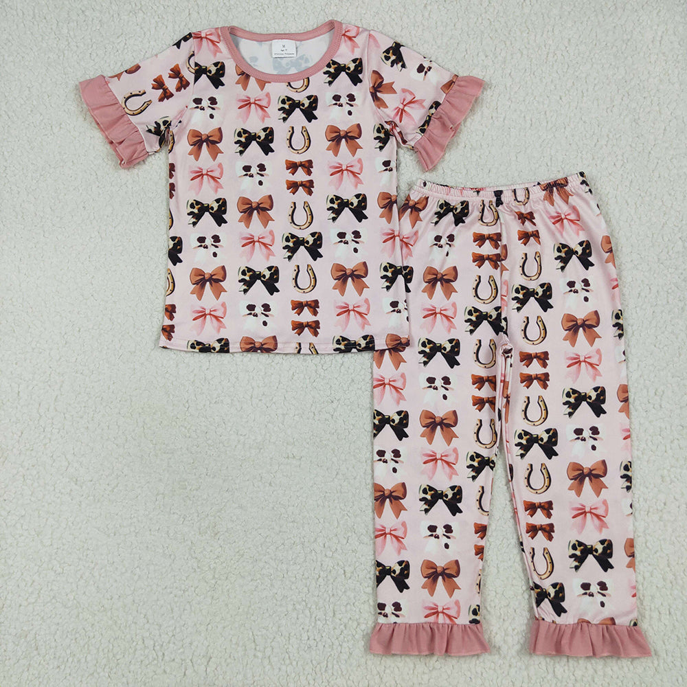 Sibling Baby Girls Pink Western Bows Horse Shoes Rompers Pajamas