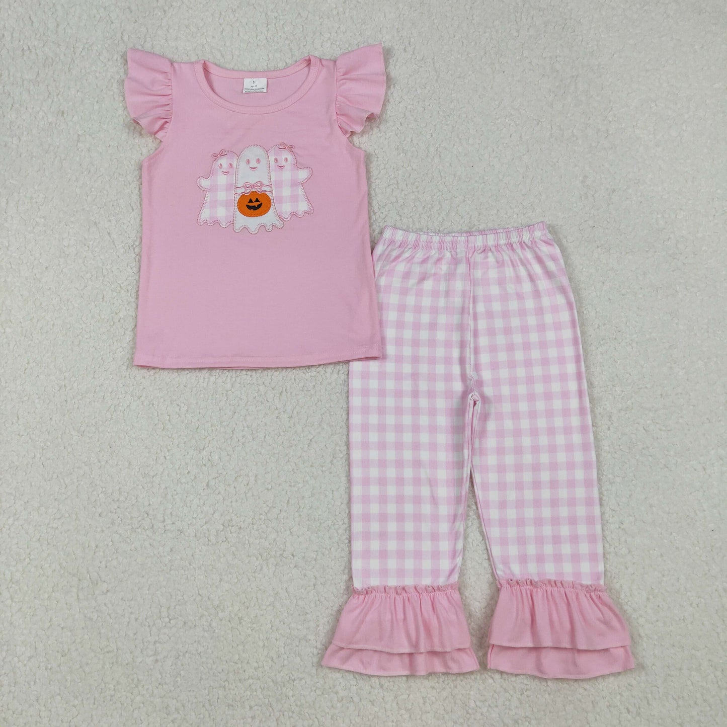 GSPO2058 Baby Girls Embroidery Ghosts Pumpkins Top Checked Ruffle Pant Halloween Clothes Sets