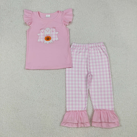 GSPO2058 Baby Girls Embroidery Ghosts Pumpkins Top Checked Ruffle Pant Halloween Clothes Sets