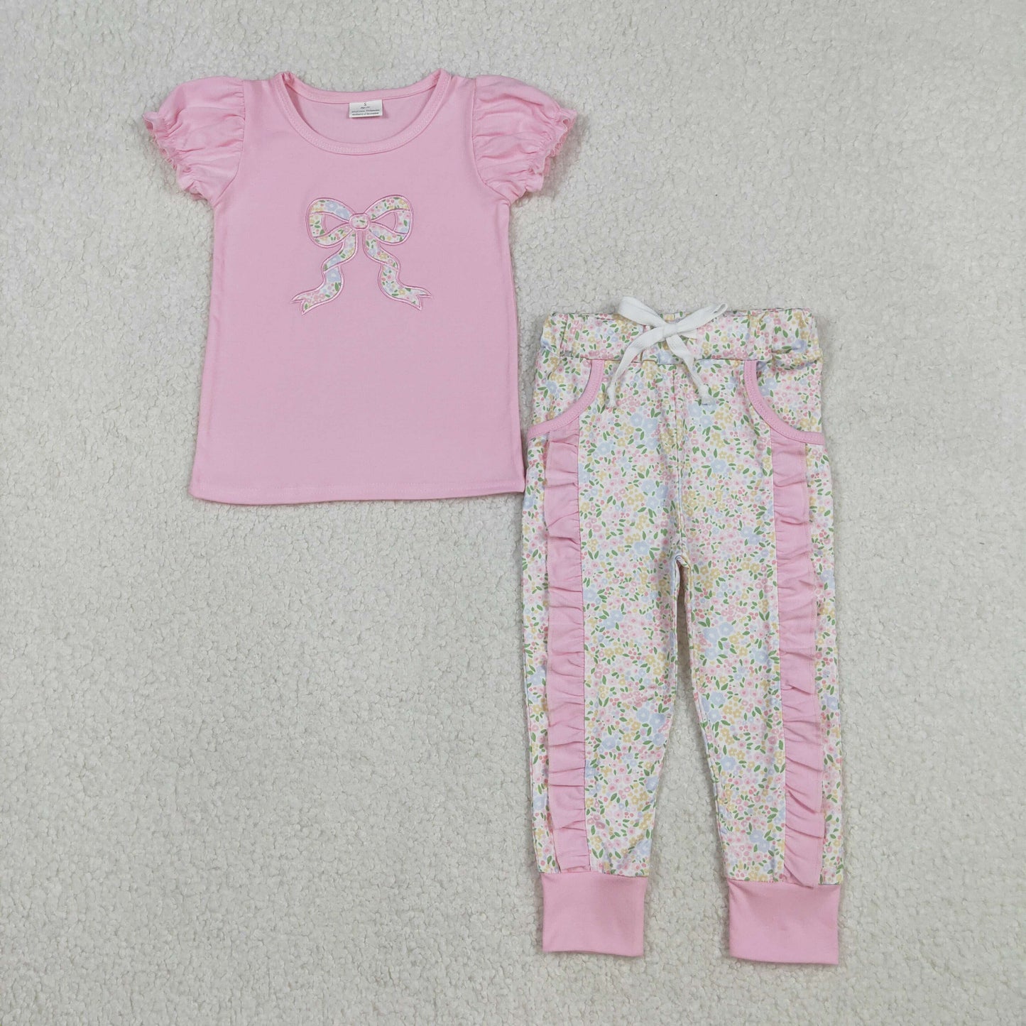 GSPO2060 Baby Girls Embroidery Floral Bows Top Pockets Joggers Clothes Sets