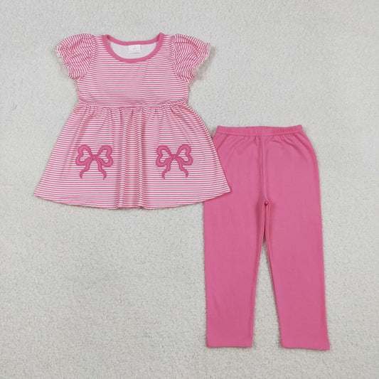 GSPO2150 Baby Girls Pink Stripe Embroidery Bows Tunic Leggings Clothes Sets
