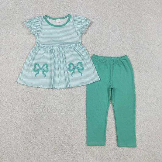GSPO2151 Baby Girls Green Stripe Embroidery Bows Tunic Leggings Clothes Sets
