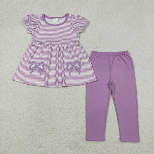 GSPO2153 Baby Girls Purple Stripe Embroidery Bows Tunic Leggings Clothes Sets