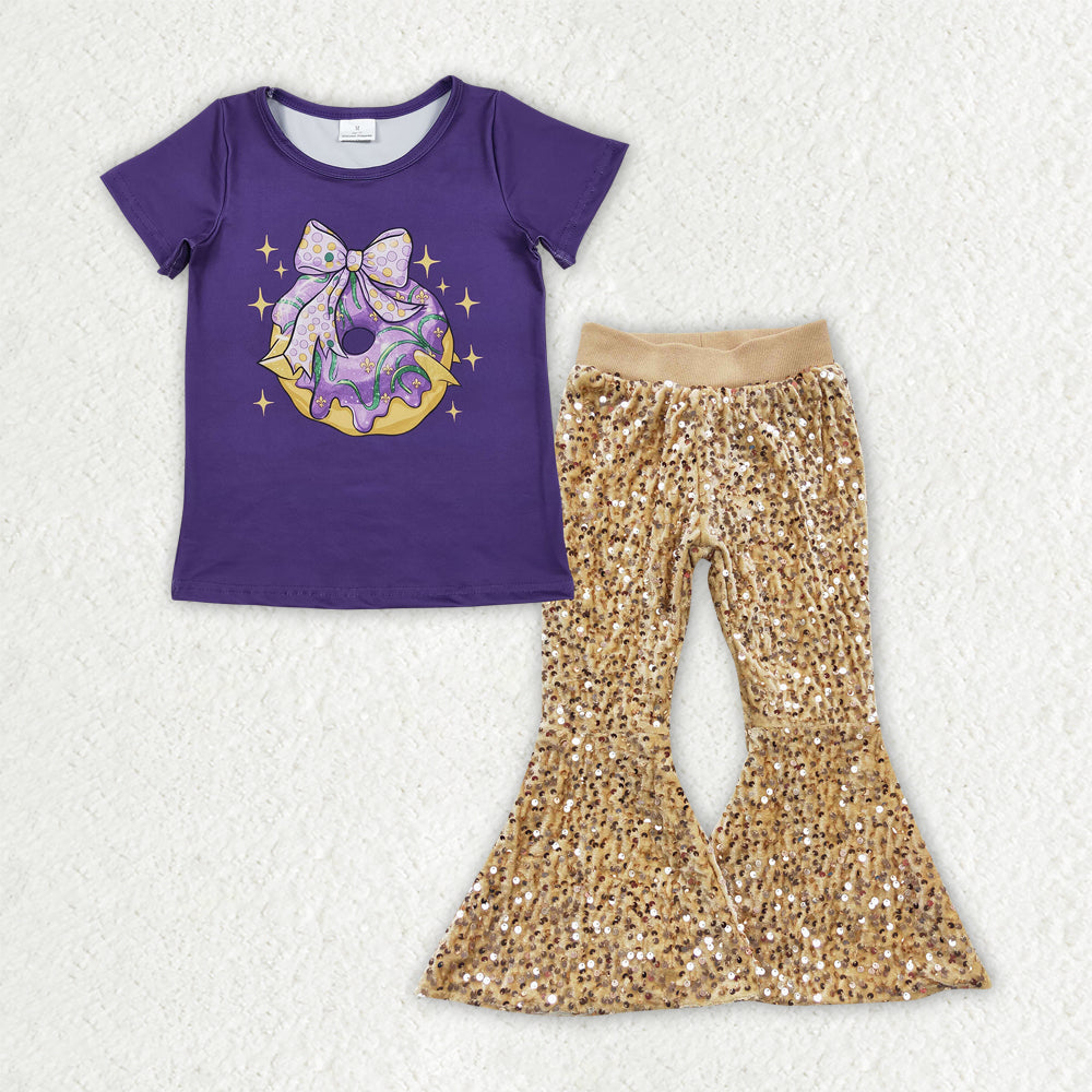 Baby Girls Purple Bows Donuts Top Gold Sequin Bell Bottom Pants Mardigras Clothes Sets