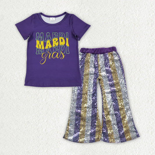 Baby Girls Purple Shirts Top Stripe Sequin Flare Pants Mardigras Clothes Sets