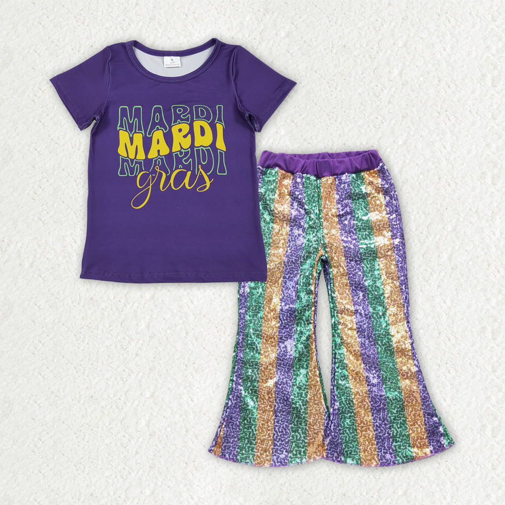 Baby Girls Purple Shirts Top Stripe Sequin Flare Pants Mardigras Clothes Sets