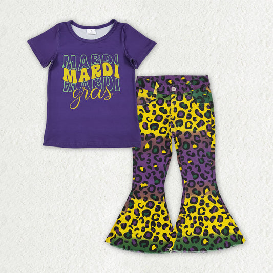 Baby Girls Purple Shirts Top Leopard Denim Bell Bottom Pants Mardigras Clothes Sets