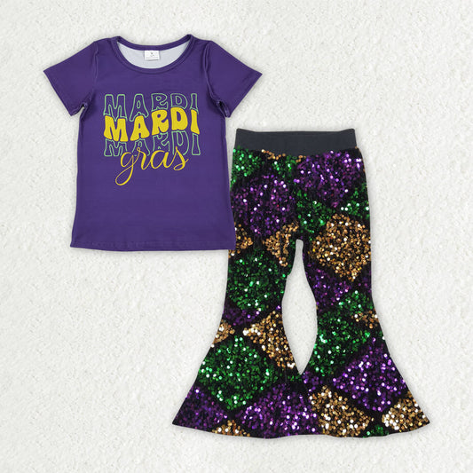 Baby Girls Purple Shirts Top Sequin Bell Bottom Pants Mardigras Clothes Sets