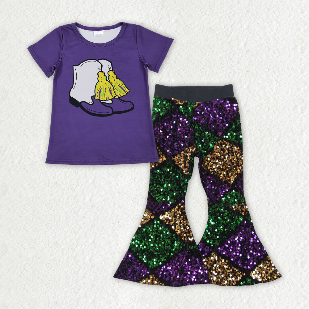 Baby Girls Purple Boots Tassel Top Sequin Bell Bottom Pants Mardigras Clothes Sets