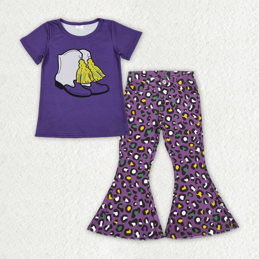 Baby Girls Purple Boot Tassel Top Leopard Denim Bell Bottom Pants Mardigras Clothes Sets