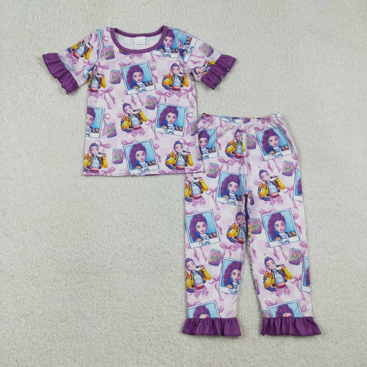 GSPO2228 Baby Girls Purple Demon Hunter Photos Top Ruffle Pants Pajamas Set