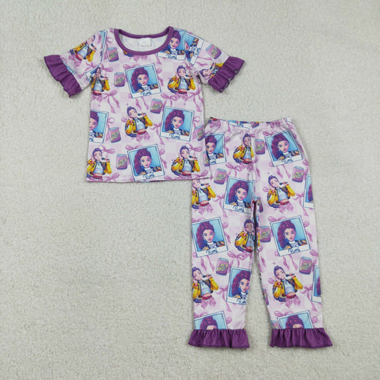 GSPO2228 Baby Girls Purple Demon Hunter Photos Top Ruffle Pants Pajamas Set