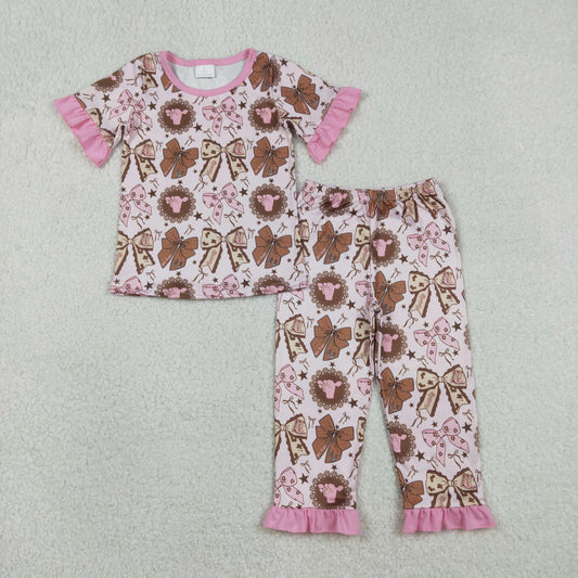 GSPO2244 Baby Girls Howdy Cows Boots Bows Top Ruffle Pants Western Pajamas Sets
