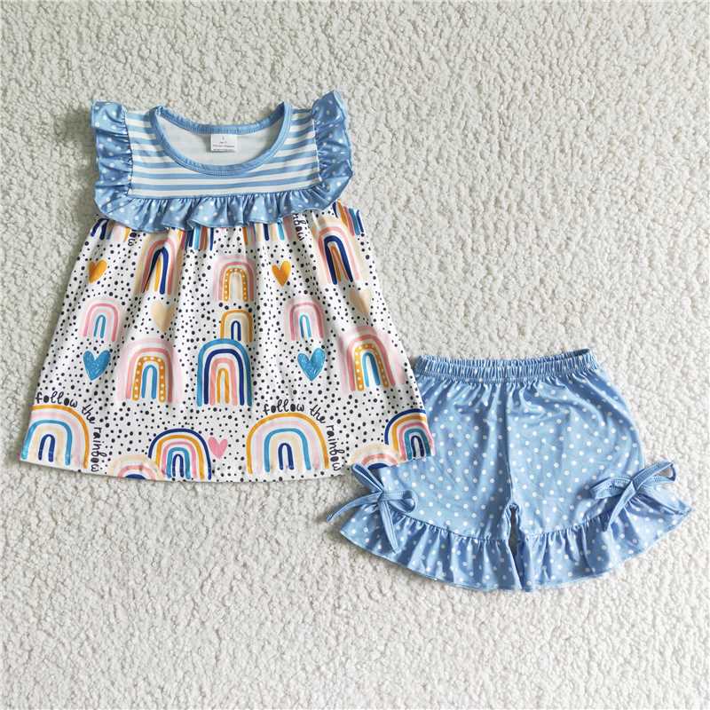 blue rainbow tops Ruffle shorts Outfits GSSO0028