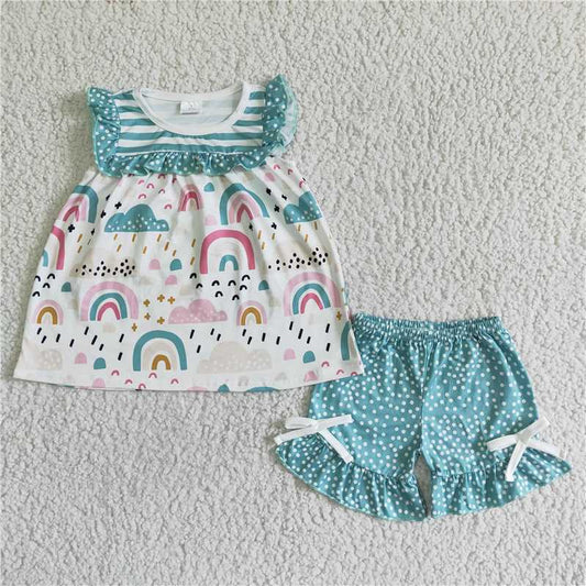 mint rainbow tops Ruffle shorts Outfits GSSO0047