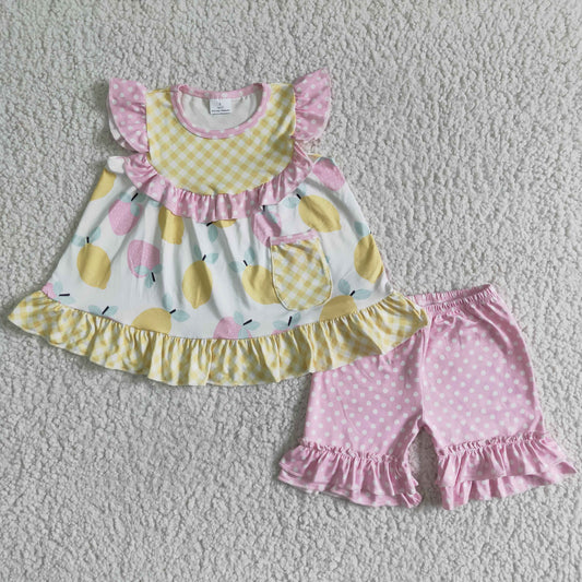 lemon pink tops Ruffle shorts Outfits GSSO0073