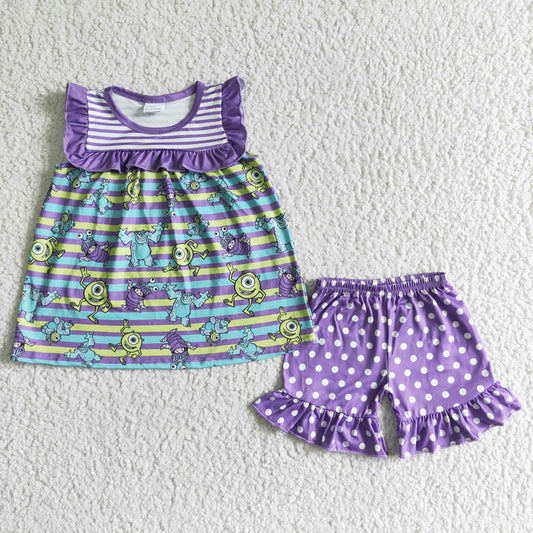 purple cartoon tops Ruffle shorts Outfits GSSO0077