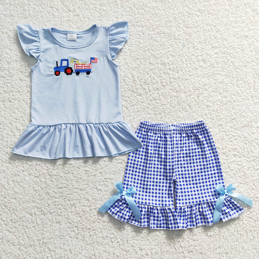 GSSO0206 baby girls Embroidery 4th of july truck flag shirt ruffle shorts outfits sets