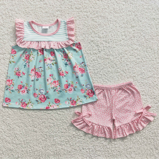 rose floral tops Ruffle shorts Outfits GSSO0215